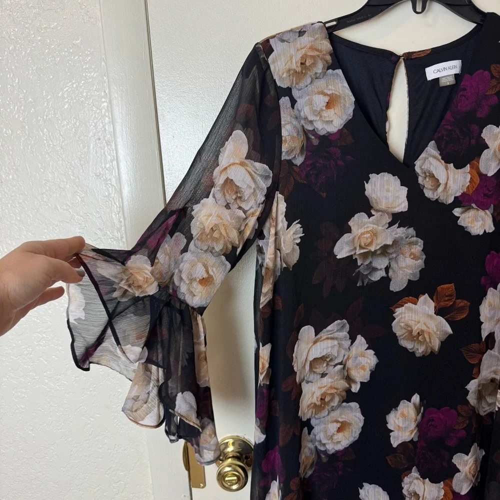 Calvin Klein V-Neck 3/4 Sleeve Crinkled Chiffon Floral Shift Dress Size 8 - Picture 4 of 7